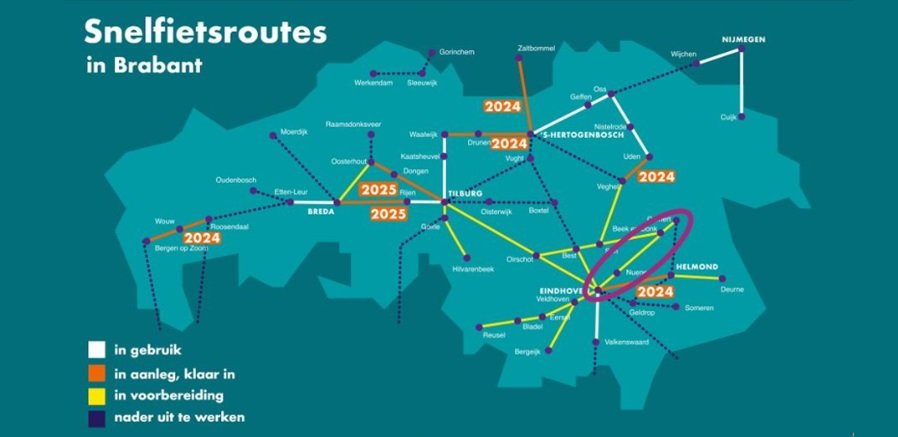 Plattegrond met snelfietsroutes in Noord-Brabant