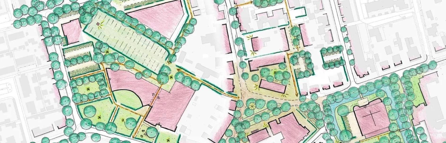 Tekening van het dorpshart Lieshout met bomen, straten en terrein